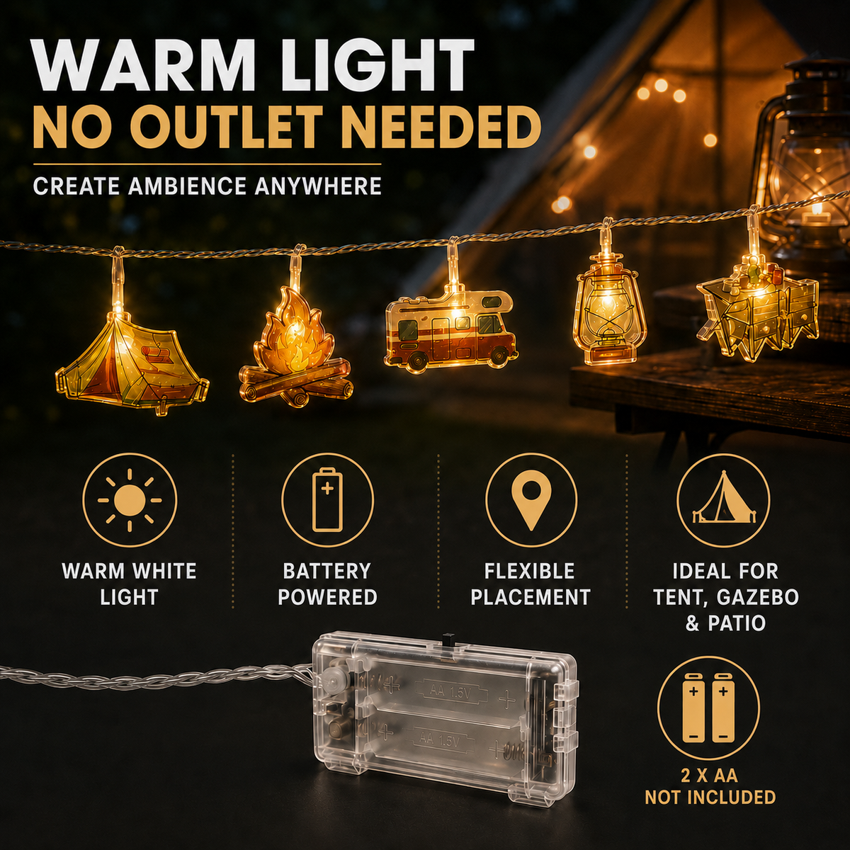 Dekorative LED-Lichterkette mit Campingmotiven, warmweißes Licht, stimmungsvolle Beleuchtung für draußen, drinnen und den Garten | Sansoti