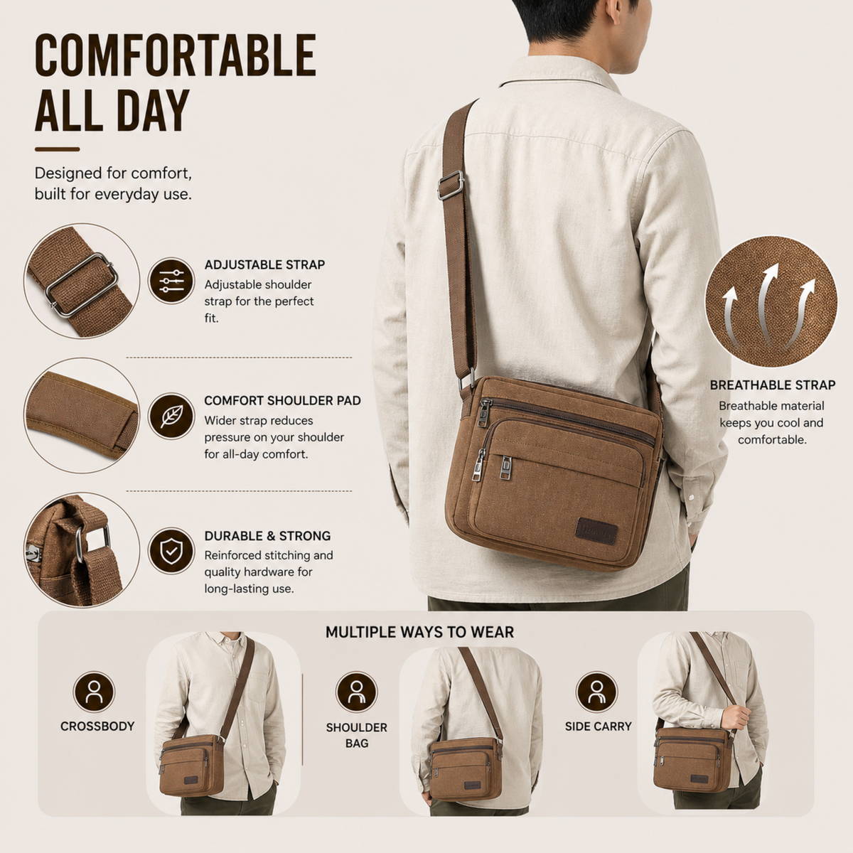 Canvas-Schultertasche, Crossbody, Vintage-Messenger, Unisex, verstellbar, Braun, Schwarz, Grün, für den täglichen Gebrauch | Sansoti
