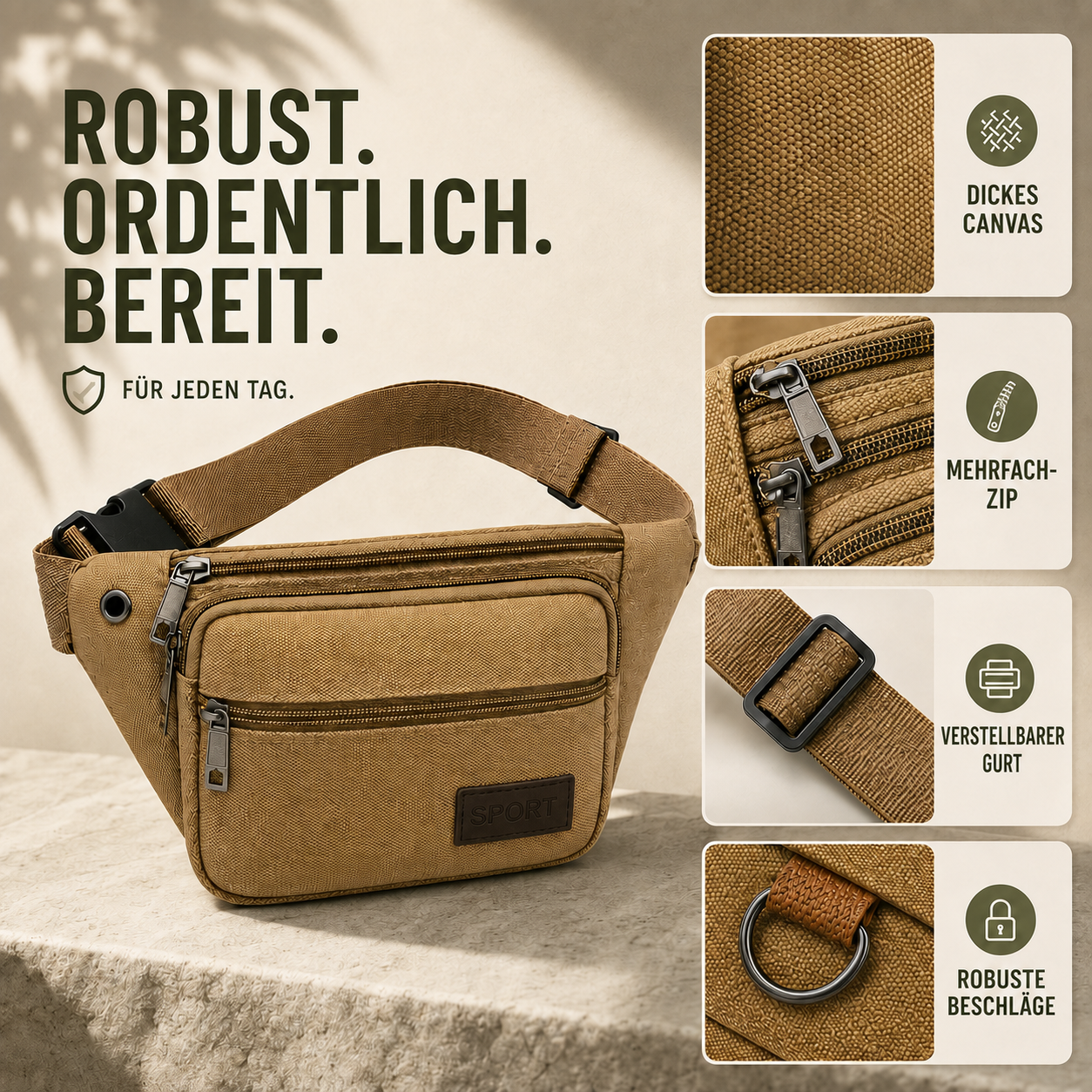 Canvas-Hüfttasche mit mehreren Fächern, Unisex-Crossbody-Reisetasche für den täglichen Gebrauch und Outdoor-Aktivitäten | Sansoti