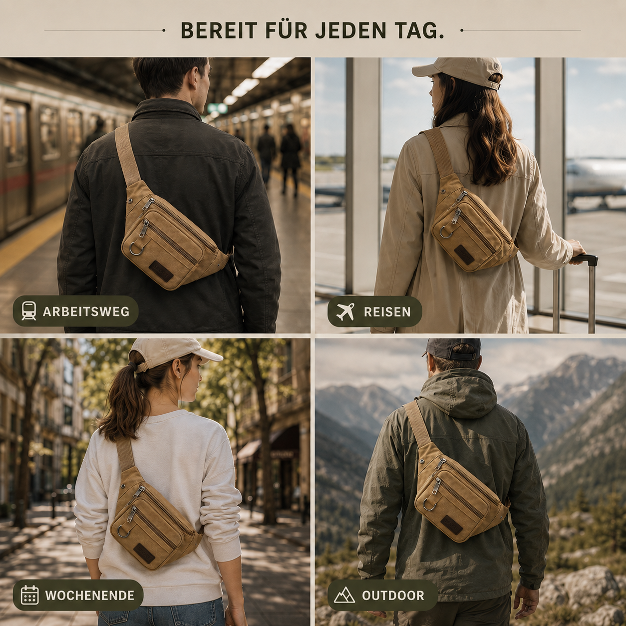 Canvas-Hüfttasche mit mehreren Fächern, Unisex-Crossbody-Reisetasche für den täglichen Gebrauch und Outdoor-Aktivitäten | Sansoti
