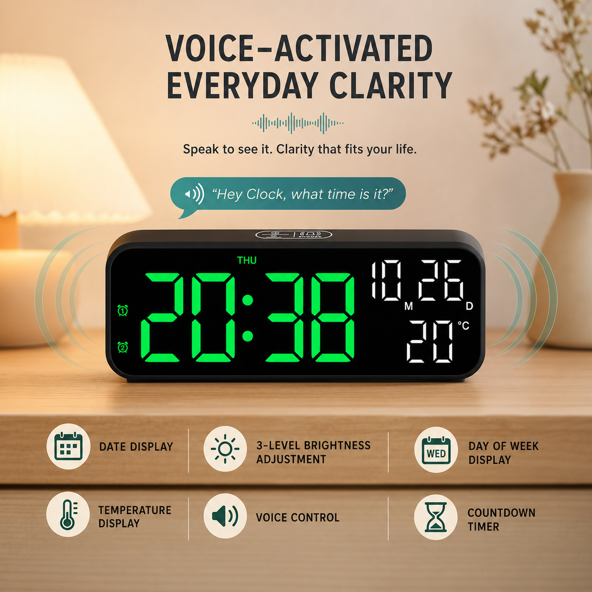Digital LED Table Clock with Temperature Display, Voice Control, Alarm Clock for Bedroom, Office, Bedside Table | Sansoti