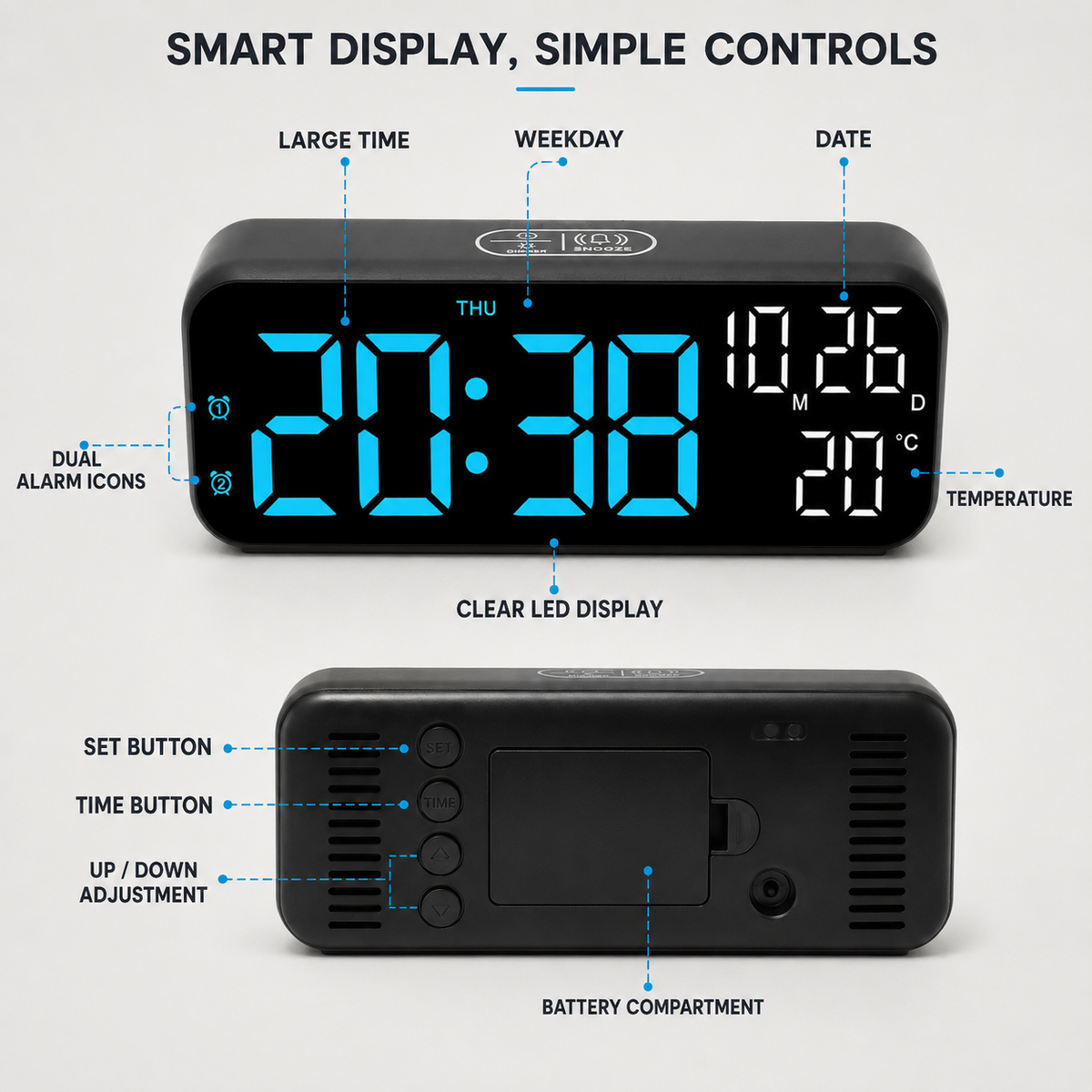 Digital LED Table Clock with Temperature Display, Voice Control, Alarm Clock for Bedroom, Office, Bedside Table | Sansoti