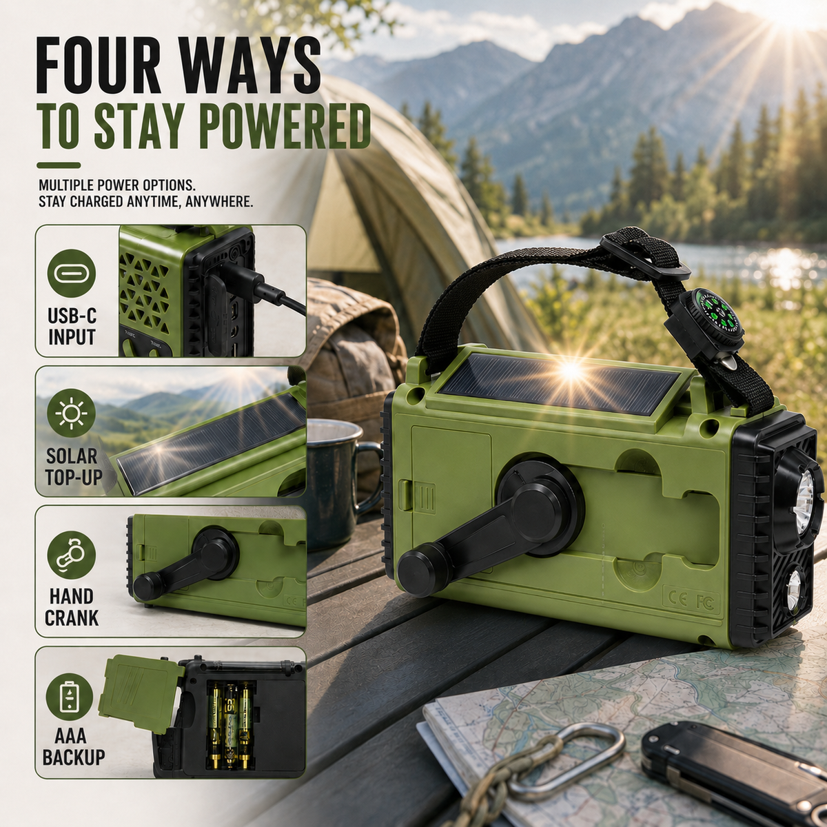 Notfallradio mit Kurbel, Solarbetrieb, Bluetooth, Powerbank und Taschenlampe, wiederaufladbar, 10000mAh für Camping | Sansoti