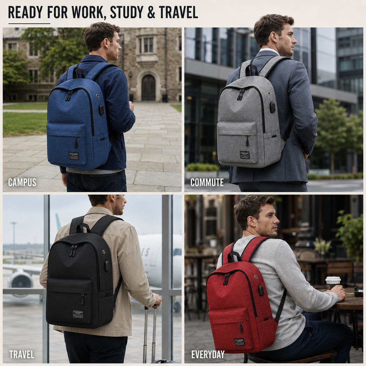 Minimalist 41cm Laptop Backpack, Daily Use, USB Charging Port, Adjustable, Padded, Functional | Sansoti