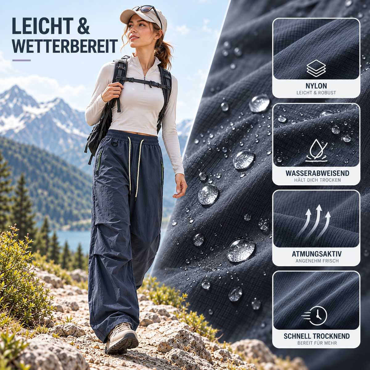 Wasserdichte Wanderhose für Damen mit elastischem Bund, verstellbaren Hosenbeinen, atmungsaktiv, für Outdoor, Hiking und Trekking | Sansoti