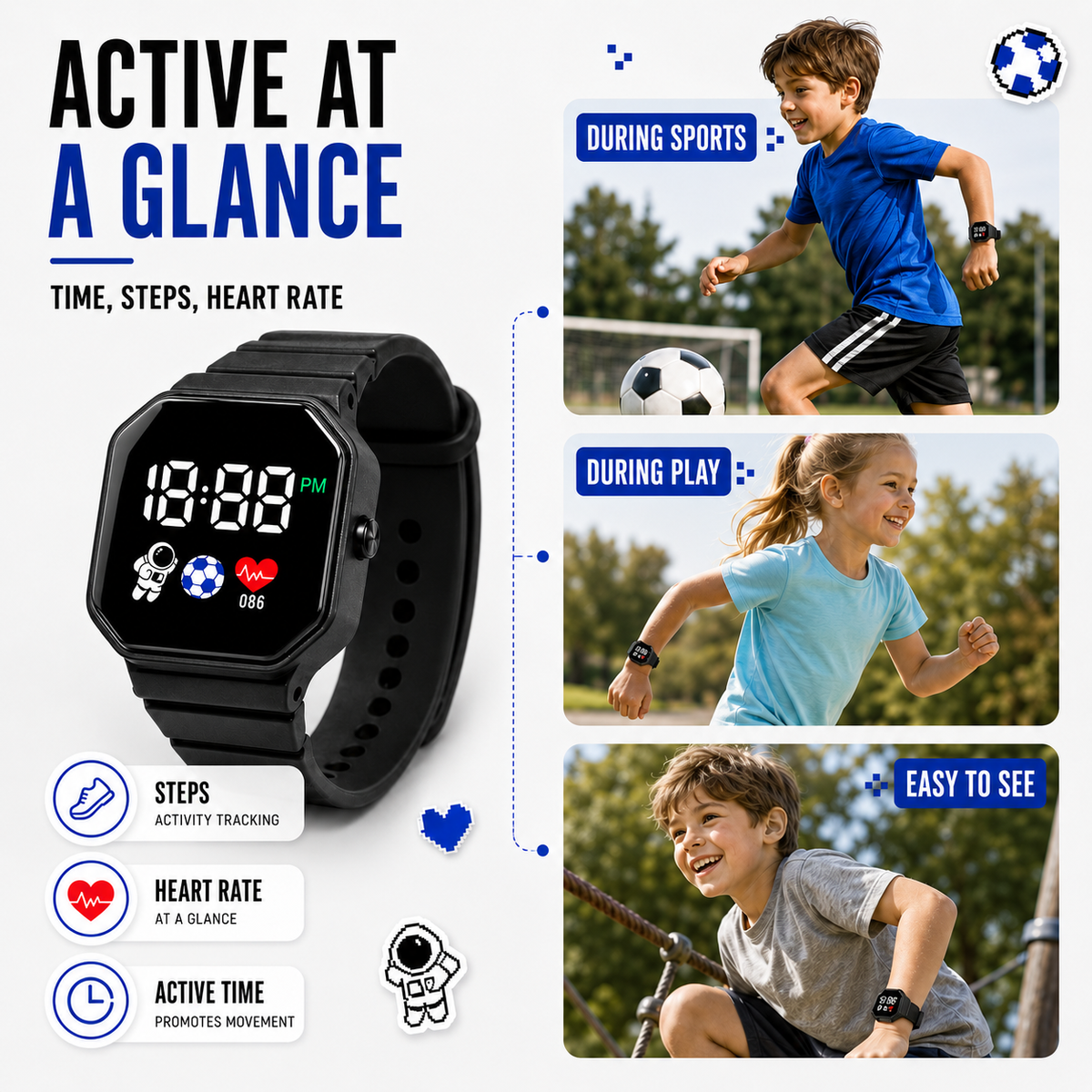 Digitale LED-Kinderuhr Astronaut, wasserdicht, mit Silikonarmband, Armbanduhr für Mädchen und Jungen zum Uhrzeitlernen | Sansoti