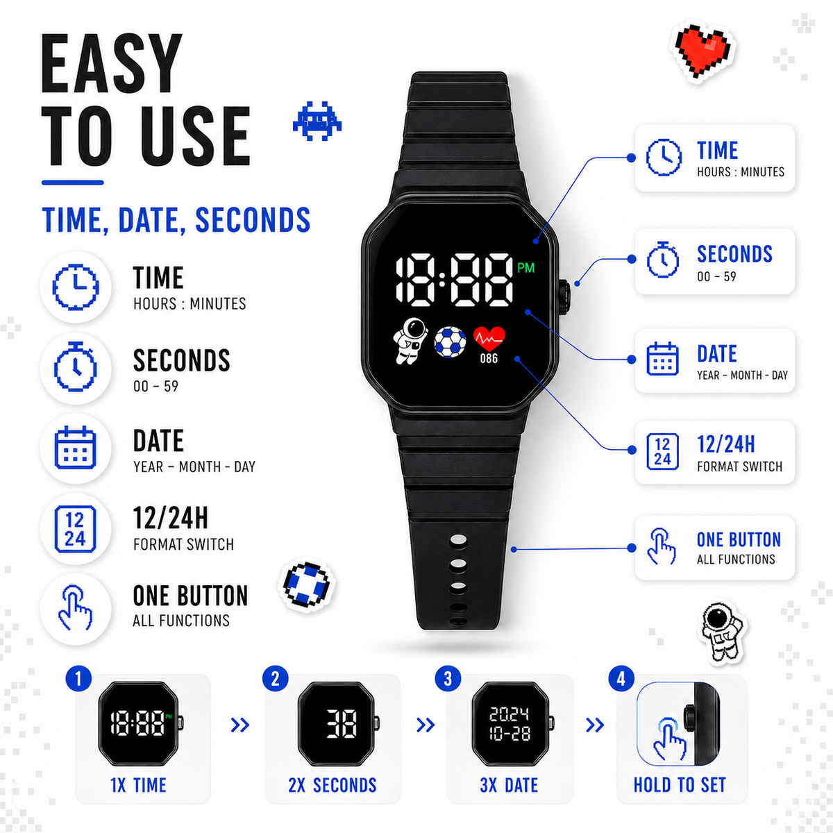 Digitale LED-Kinderuhr Astronaut, wasserdicht, mit Silikonarmband, Armbanduhr für Mädchen und Jungen zum Uhrzeitlernen | Sansoti