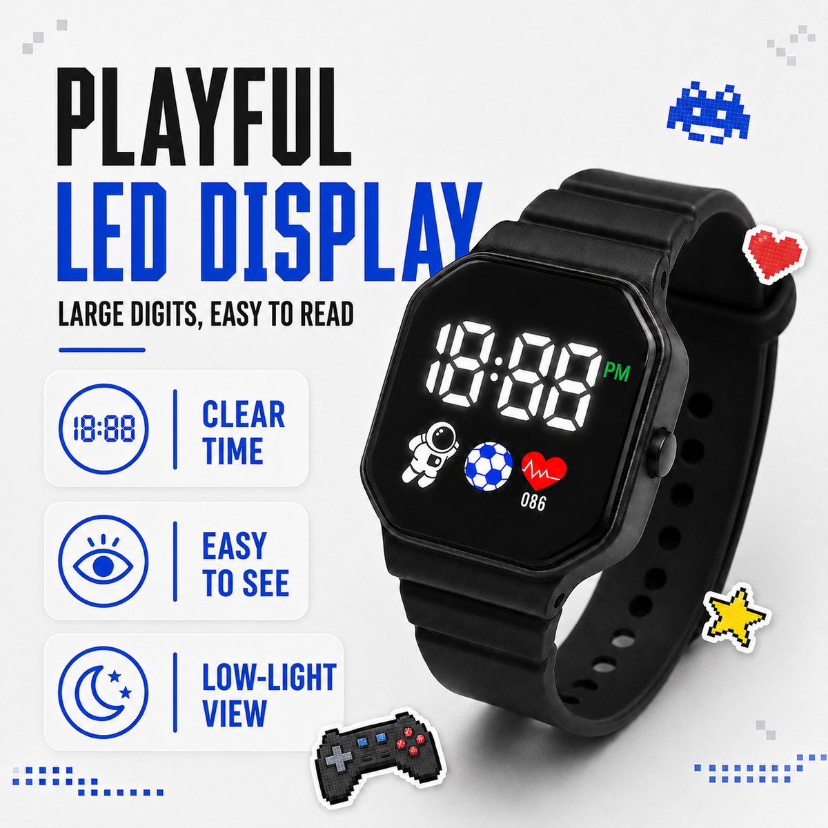 Digitale LED-Kinderuhr Astronaut, wasserdicht, mit Silikonarmband, Armbanduhr für Mädchen und Jungen zum Uhrzeitlernen | Sansoti