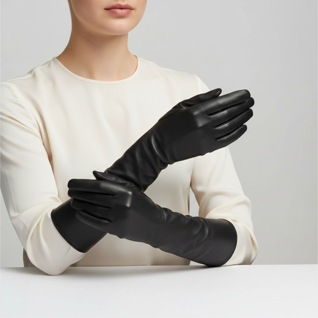 Lange Lederhandschuhe für Damen bis zum Ellenbogen, Winterhandschuhe, gefüttert, warm, modisch, elegant, touchscreenfähig | Sansoti