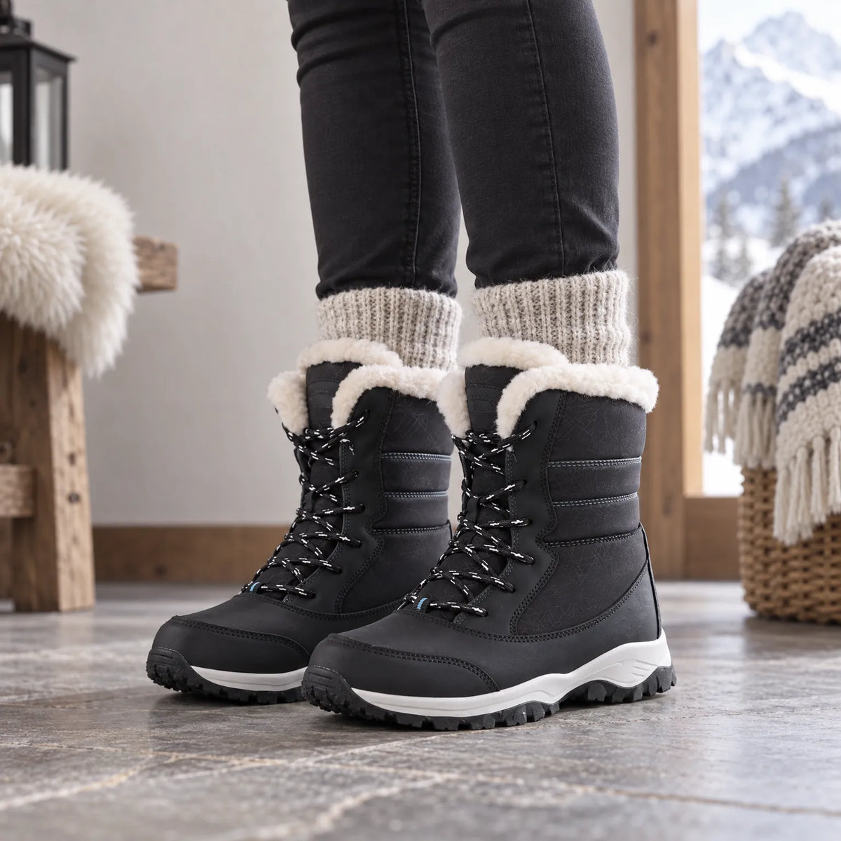 Women's Lined Winter Boots with Plush Interior, Lace-Up Closure, Waterproof, Warm Footwear for Cold Days | Sansoti
