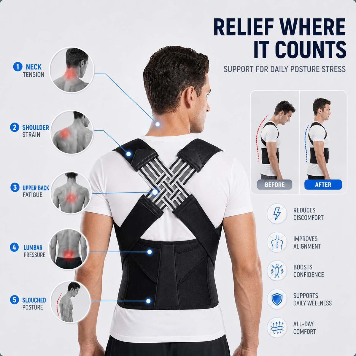 Adjustable Back Brace for Full Back Support, Posture Correction, Breathable, Comfortable, Daily Use | Sansoti