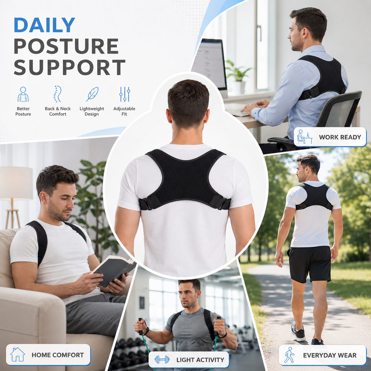 Adjustable Shoulder Brace for Improved Posture and Back Support Comfortable Wearable Black Unisex | Sansoti