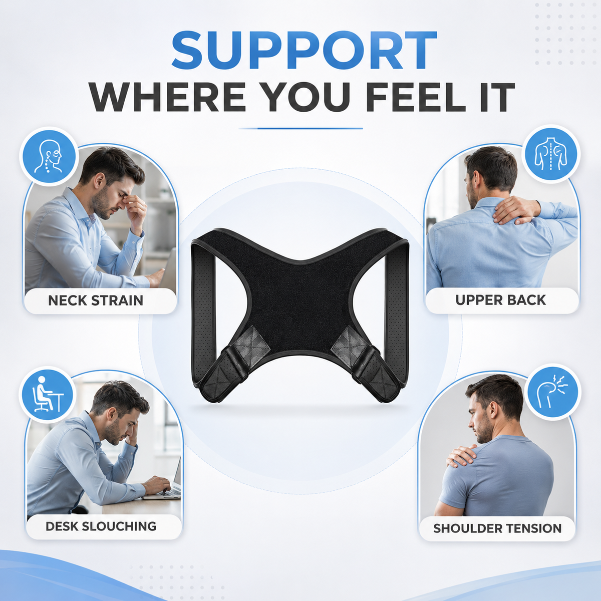 Adjustable Shoulder Brace for Improved Posture and Back Support Comfortable Wearable Black Unisex | Sansoti