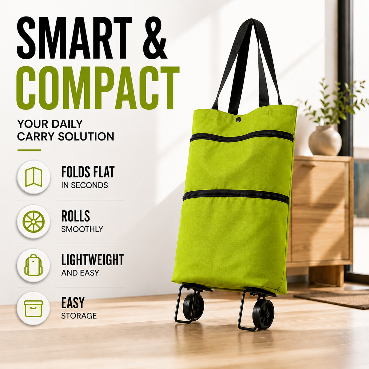 Foldable Shopping Trolley with Wheels Backpack Function 41x15x46cm Green Orange Black Blue Groceries | Sansoti