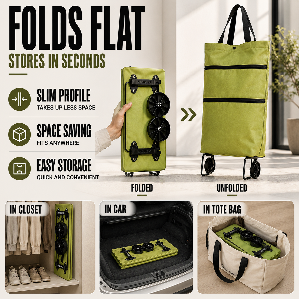 Foldable Shopping Trolley with Wheels Backpack Function 41x15x46cm Green Orange Black Blue Groceries | Sansoti