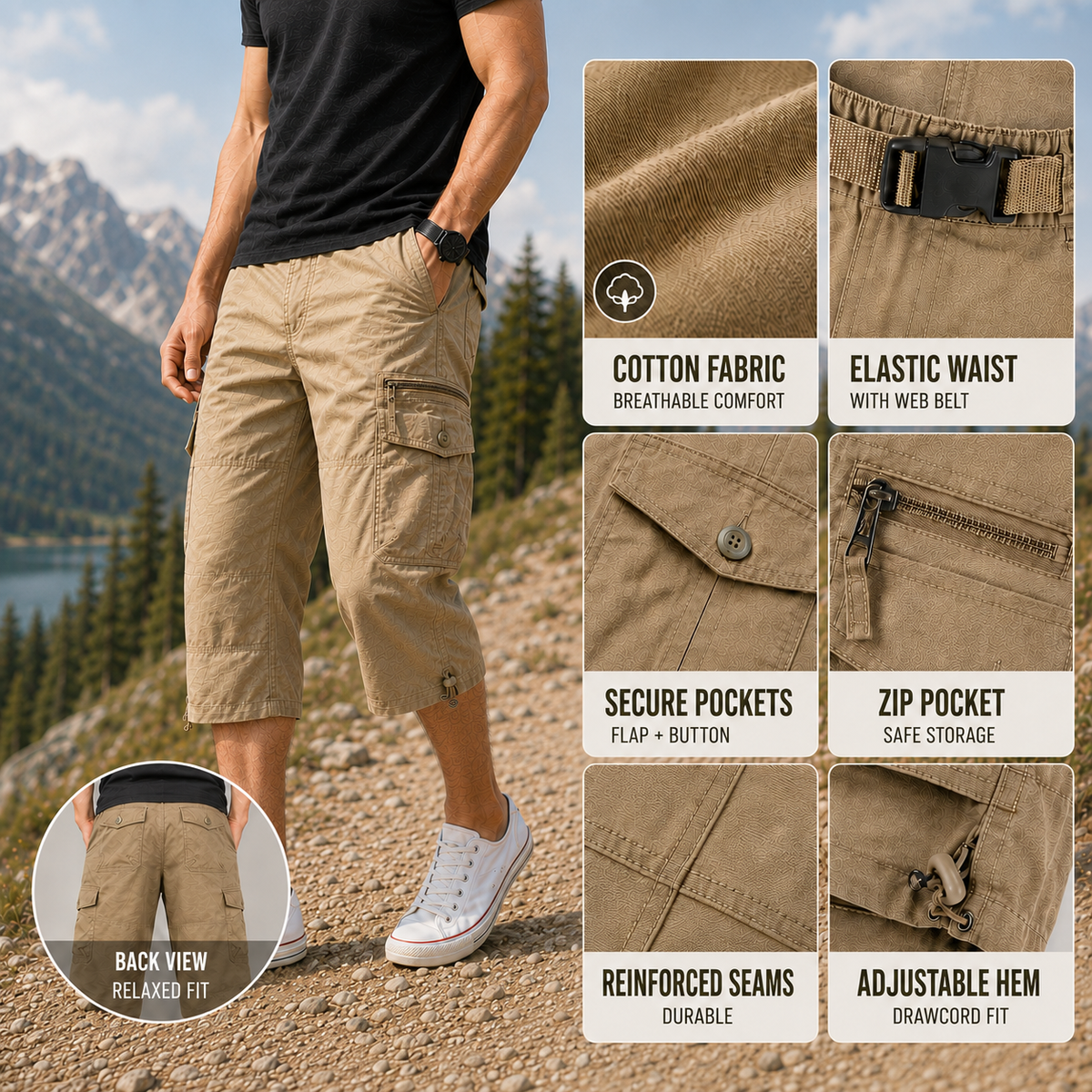 Cargo-Wandershorts für Herren Schnelltrocknend Bis zum Knie Mehrere Taschen Outdoor-Bermudashorts Elastischer Bund Sommer Casual | Sansoti