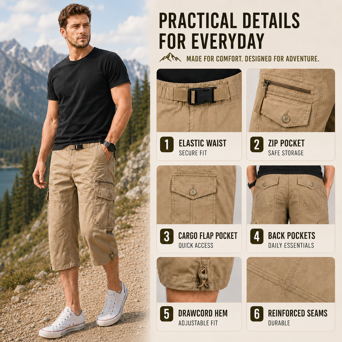 Cargo-Wandershorts für Herren Schnelltrocknend Bis zum Knie Mehrere Taschen Outdoor-Bermudashorts Elastischer Bund Sommer Casual | Sansoti
