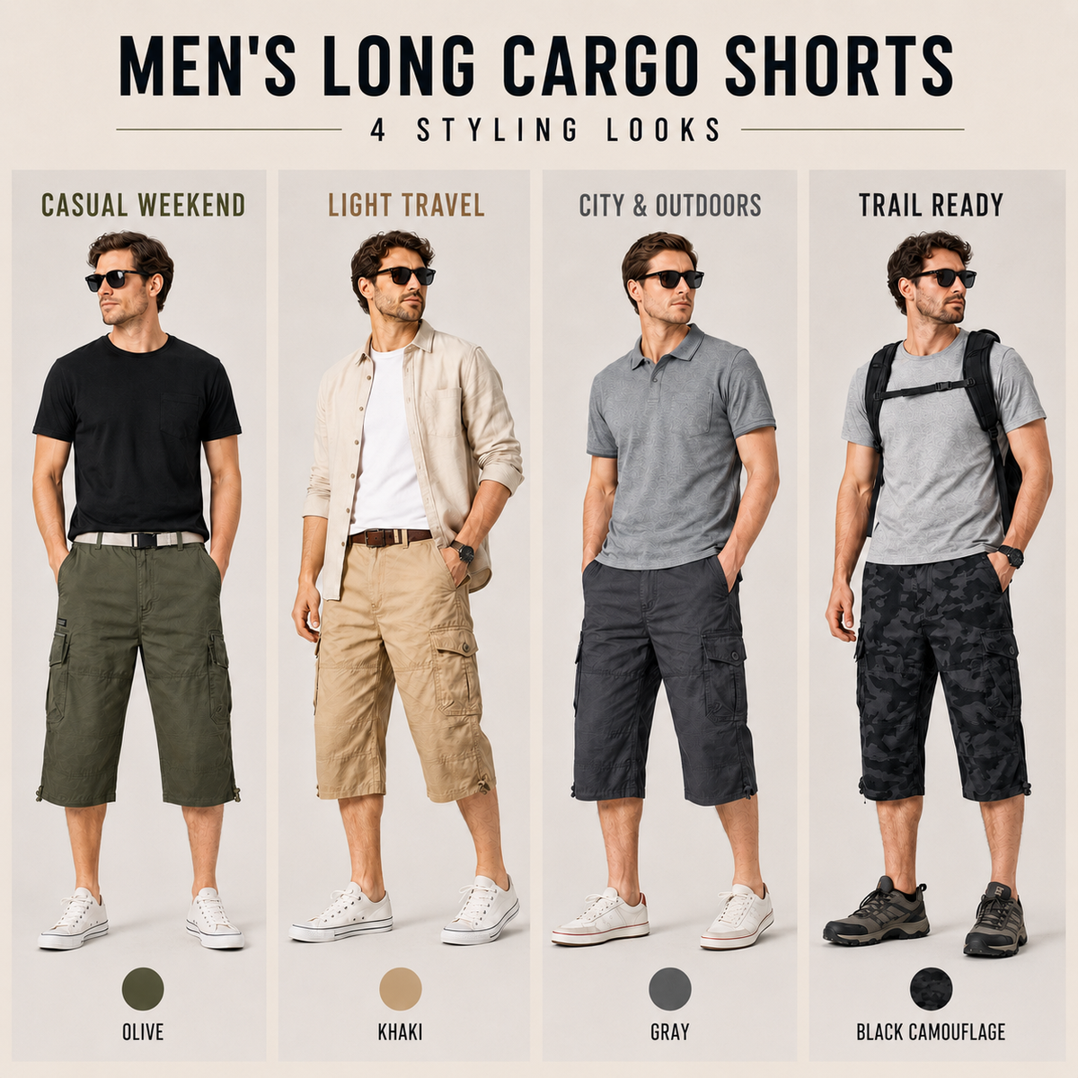 Cargo-Wandershorts für Herren Schnelltrocknend Bis zum Knie Mehrere Taschen Outdoor-Bermudashorts Elastischer Bund Sommer Casual | Sansoti