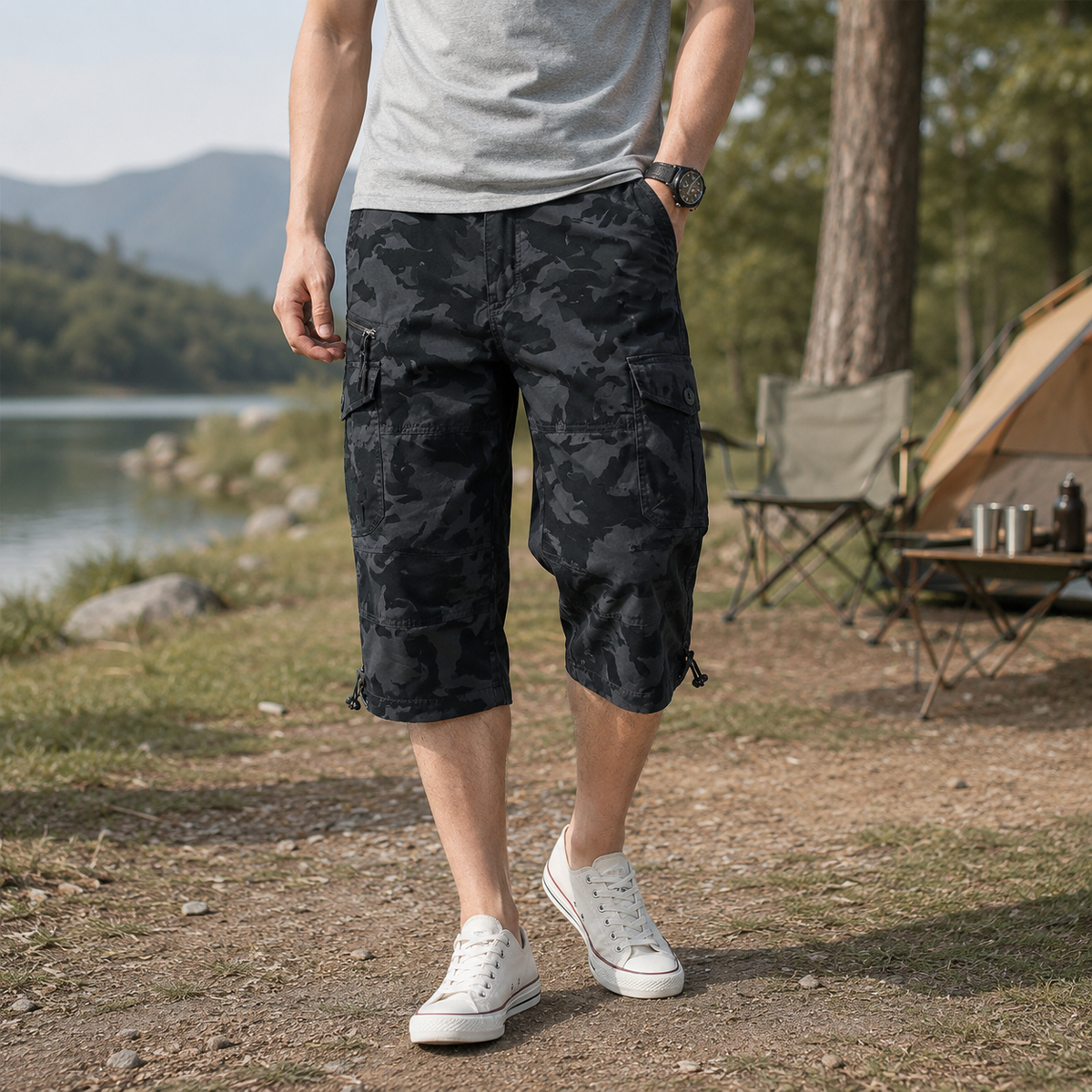 Cargo-Wandershorts für Herren Schnelltrocknend Bis zum Knie Mehrere Taschen Outdoor-Bermudashorts Elastischer Bund Sommer Casual | Sansoti