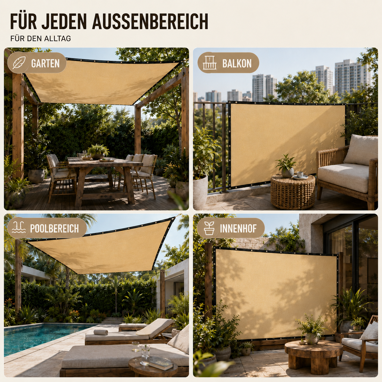 Rechteckiges Sonnensegel für Garten und Terrasse – UV-Schutz mit verstärkten Rändern und Befestigungsösen | Sansoti
