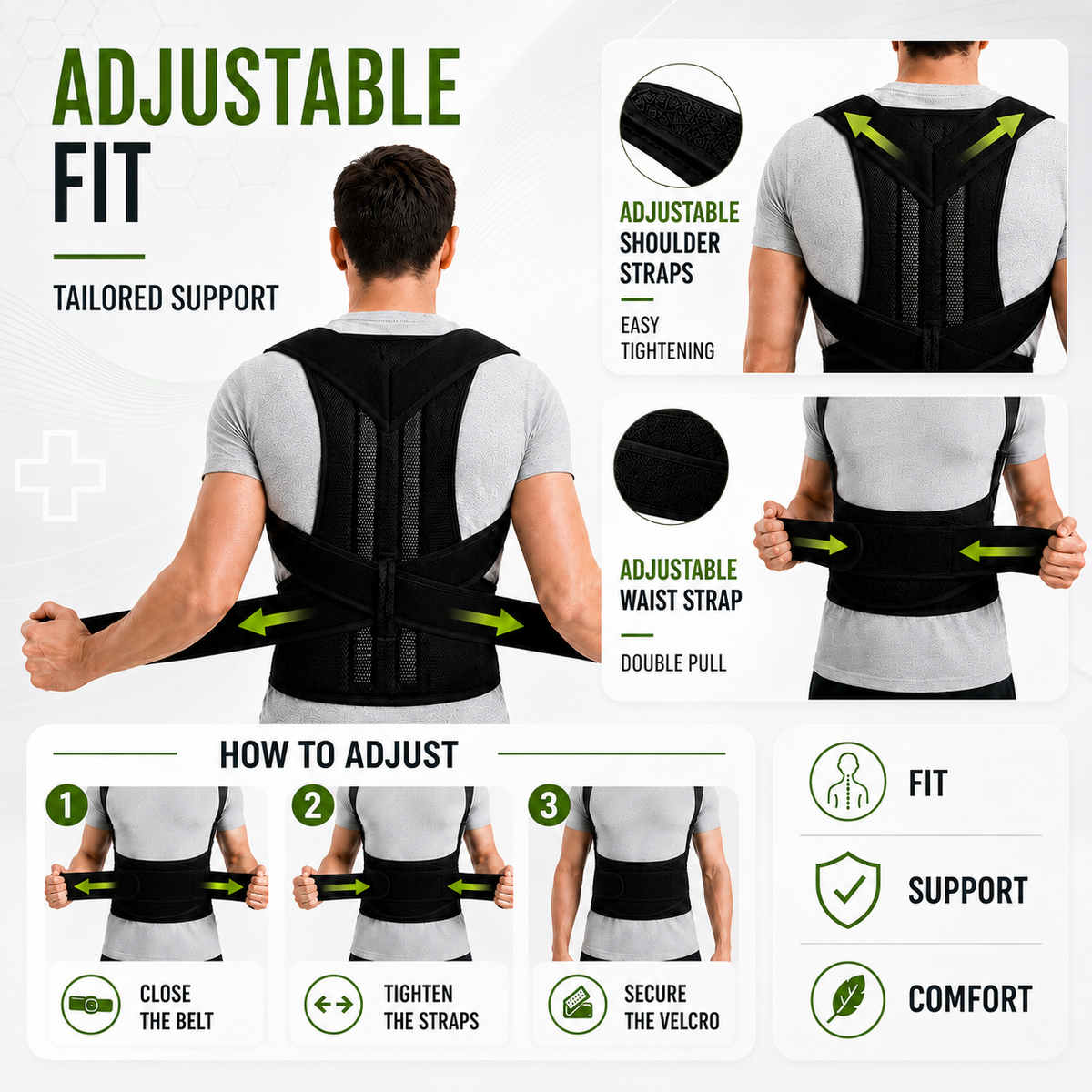 Adjustable One-Piece Back Brace, Posture Correction, Shoulder and Lumbar Support, Breathable Polyester Back Support | Sansoti