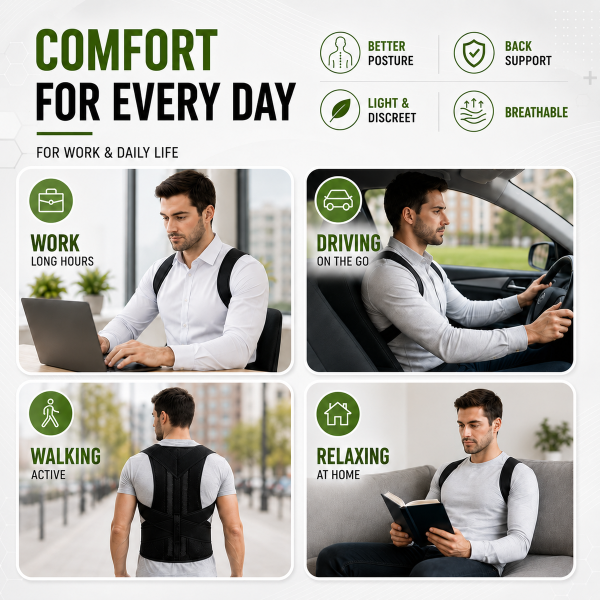 Adjustable One-Piece Back Brace, Posture Correction, Shoulder and Lumbar Support, Breathable Polyester Back Support | Sansoti