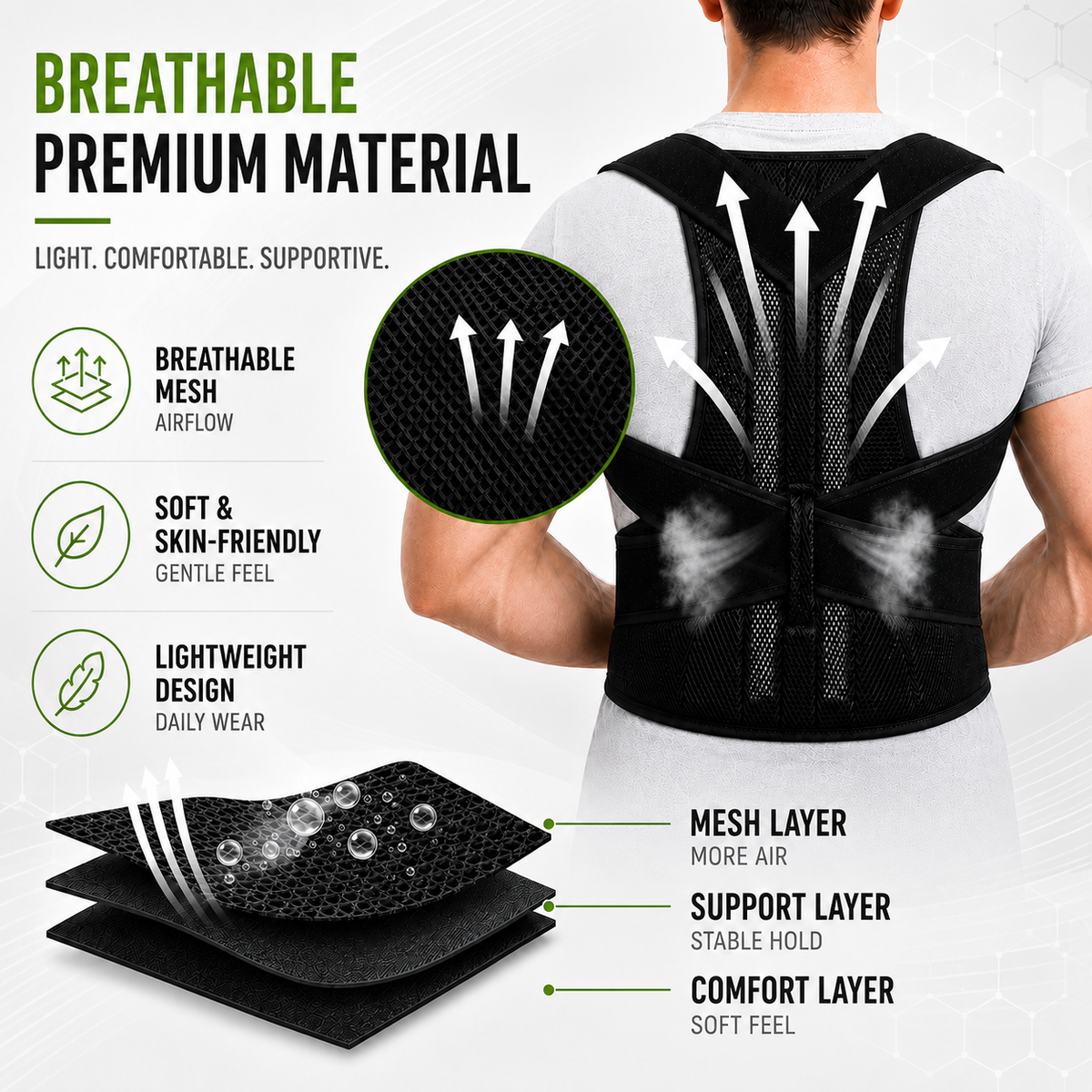 Adjustable One-Piece Back Brace, Posture Correction, Shoulder and Lumbar Support, Breathable Polyester Back Support | Sansoti