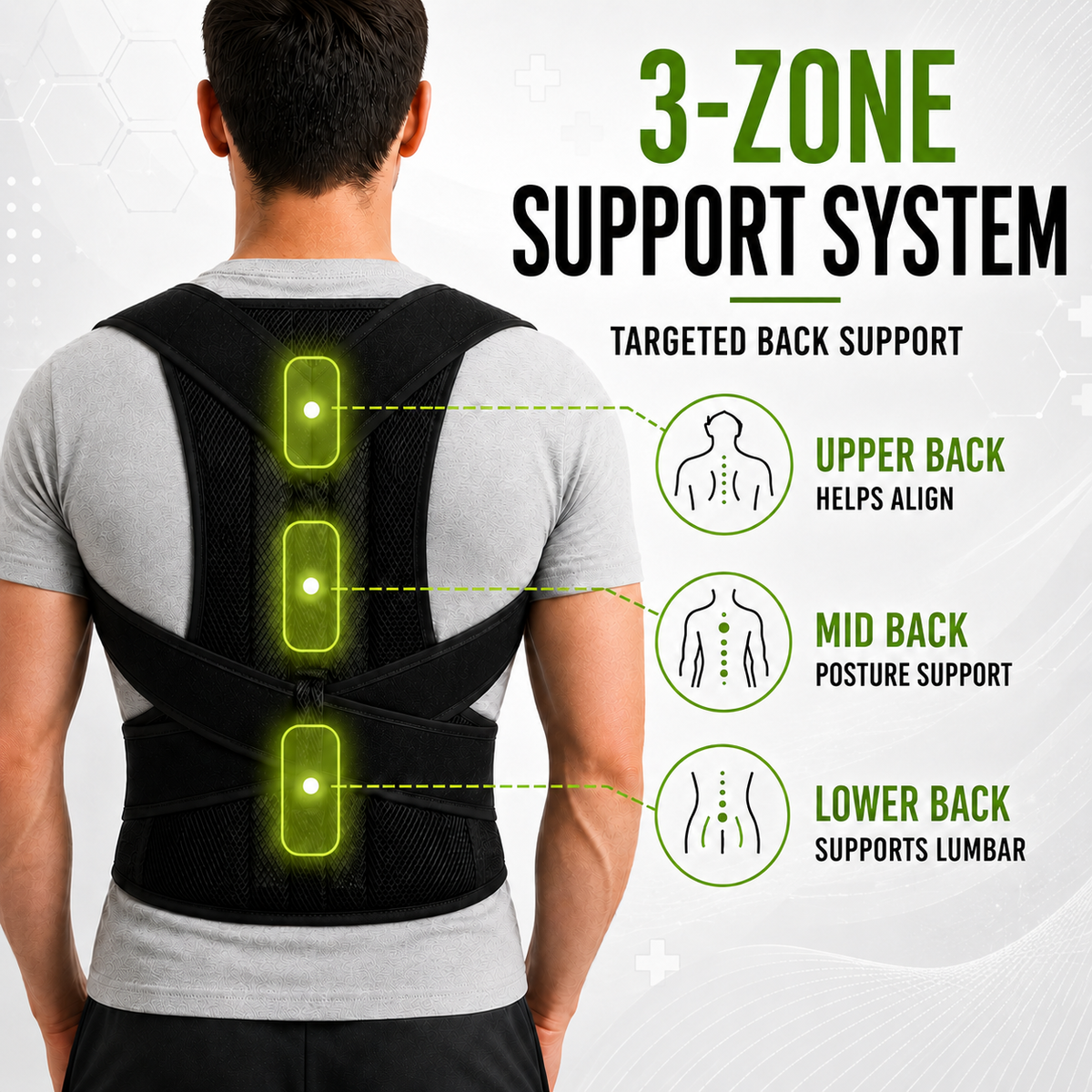 Adjustable One-Piece Back Brace, Posture Correction, Shoulder and Lumbar Support, Breathable Polyester Back Support | Sansoti