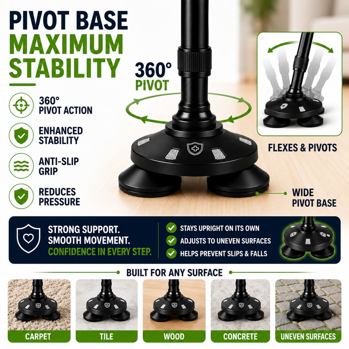 Foldable Quad Cane Aluminum Adjustable with LED Light Alarm 85-95cm Black Mobility | Sansoti