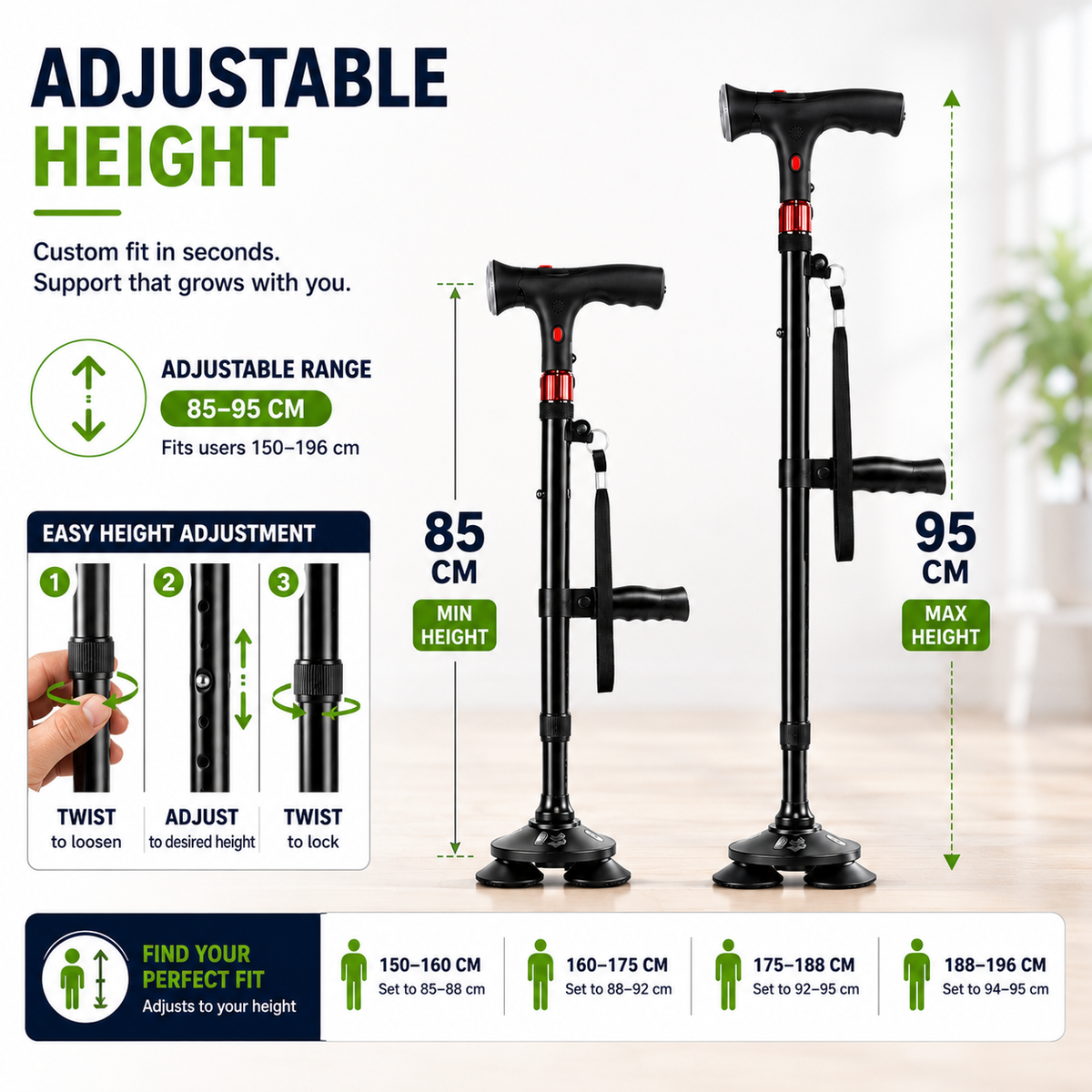 Foldable Quad Cane Aluminum Adjustable with LED Light Alarm 85-95cm Black Mobility | Sansoti