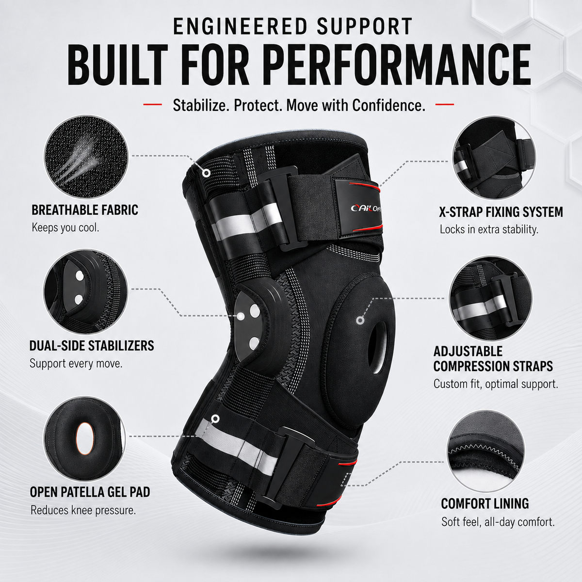 Adjustable Hinged Knee Brace – Lateral Stabilization & Patella Opening – Sports & Daily Use | Sansoti