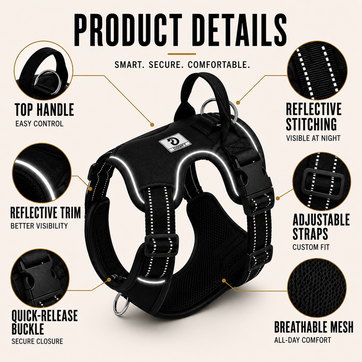 Adjustable No-Pull Dog Harness Chest Harness Reflective Comfortable Safe Walking Dog XS to XL | Sansoti