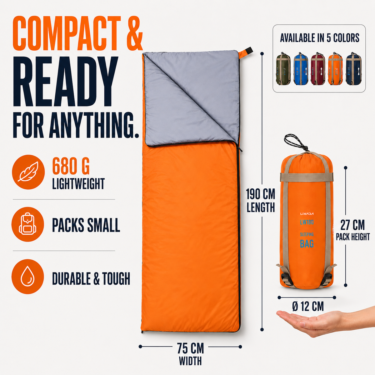 Envelope Ultralight 190x75cm Three-Season Sleeping Bag, Camping, Trekking, Outdoor, Compact Carry Bag, Hiking | Sansoti