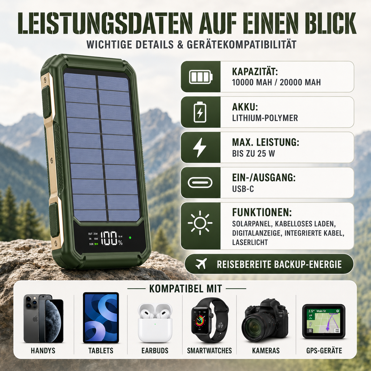 Draagbare Powerbank met Zonnepaneel 10000-20000mAh USB-C Snelladen Wireless Charging Outdoor Camping | Sansoti