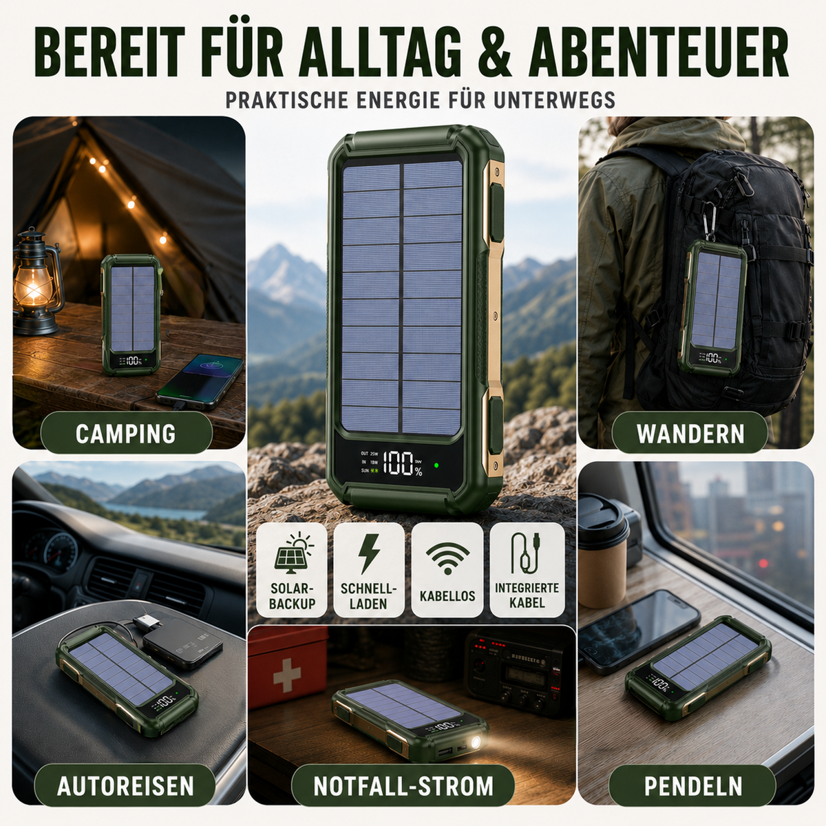 Draagbare Powerbank met Zonnepaneel 10000-20000mAh USB-C Snelladen Wireless Charging Outdoor Camping | Sansoti
