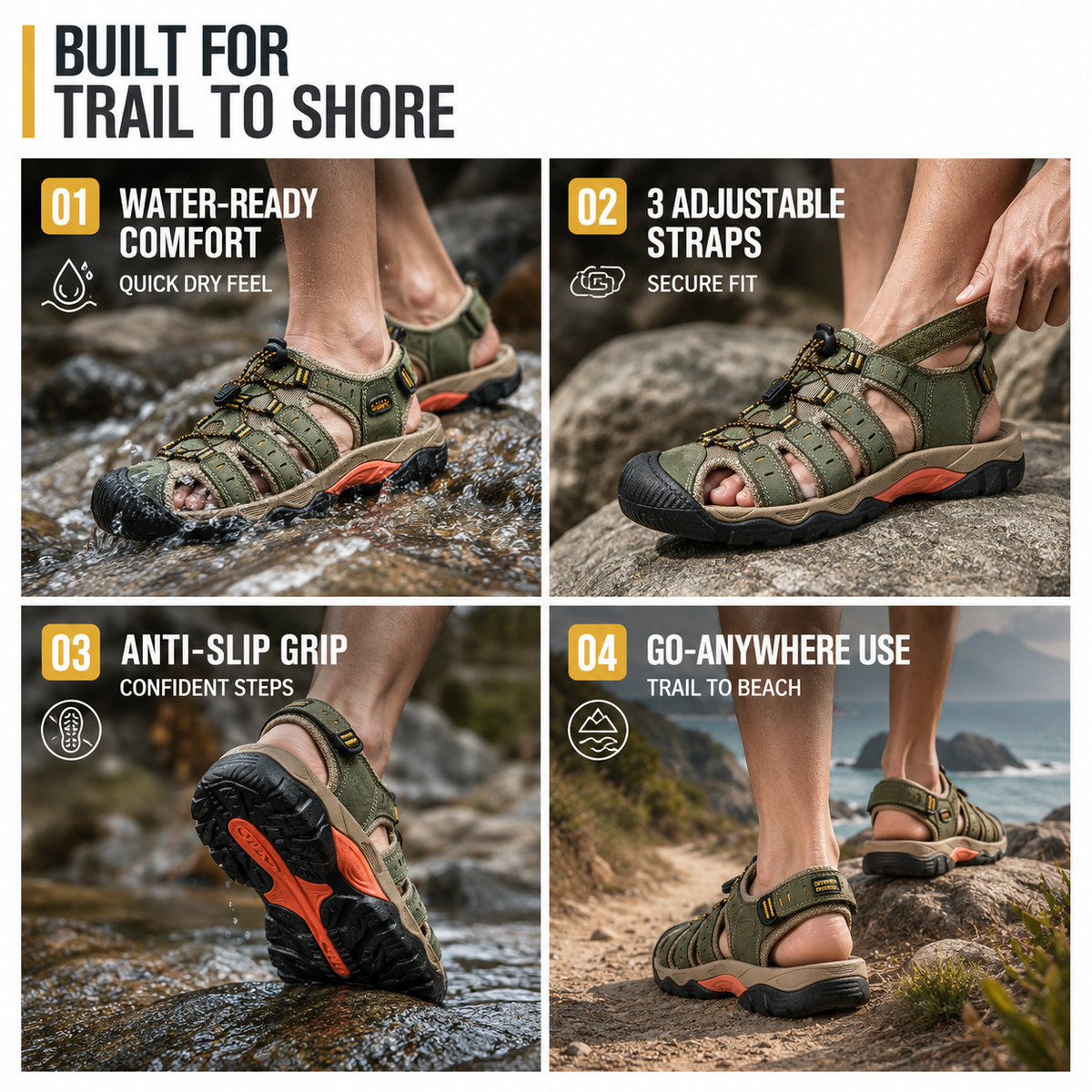 Breathable Outdoor Sandals for Men, Open Toe, Waterproof, Beach, Hiking, Summer, Trekking, Comfortable, Sporty | Sansoti