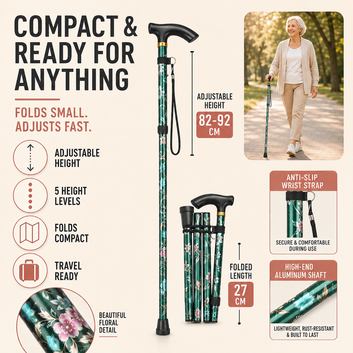 Folding Walking Stick with Floral Pattern Height-Adjustable for Women and Seniors Extra-Comfort Walking Aid | Sansoti