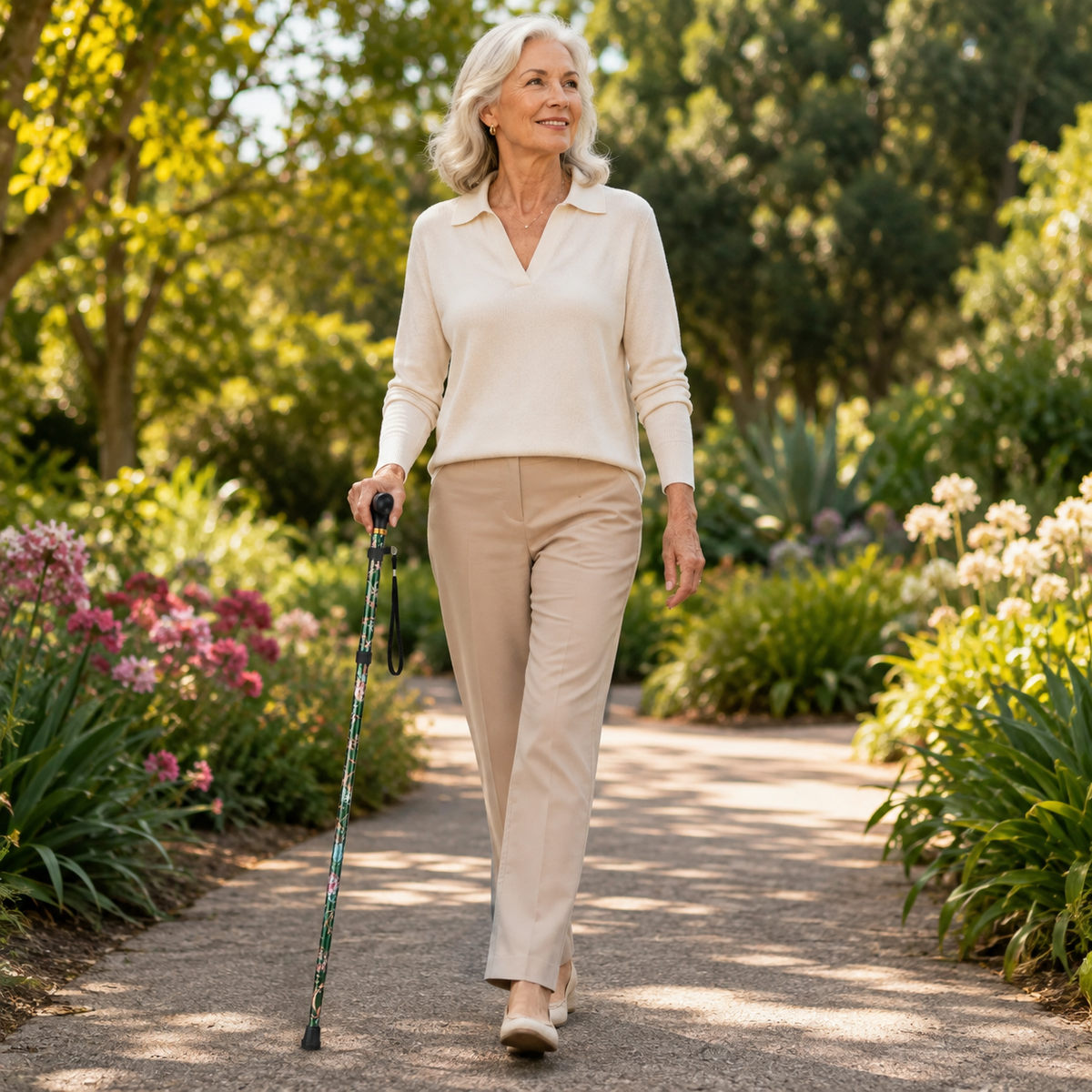 Folding Walking Stick with Floral Pattern Height-Adjustable for Women and Seniors Extra-Comfort Walking Aid | Sansoti