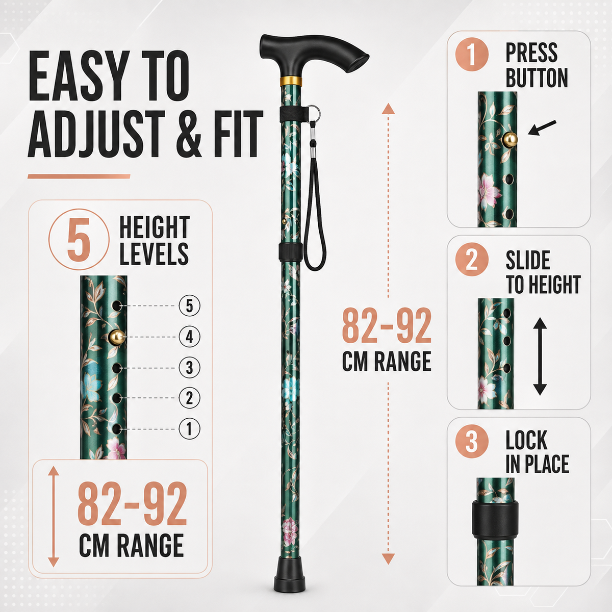 Folding Walking Stick with Floral Pattern Height-Adjustable for Women and Seniors Extra-Comfort Walking Aid | Sansoti