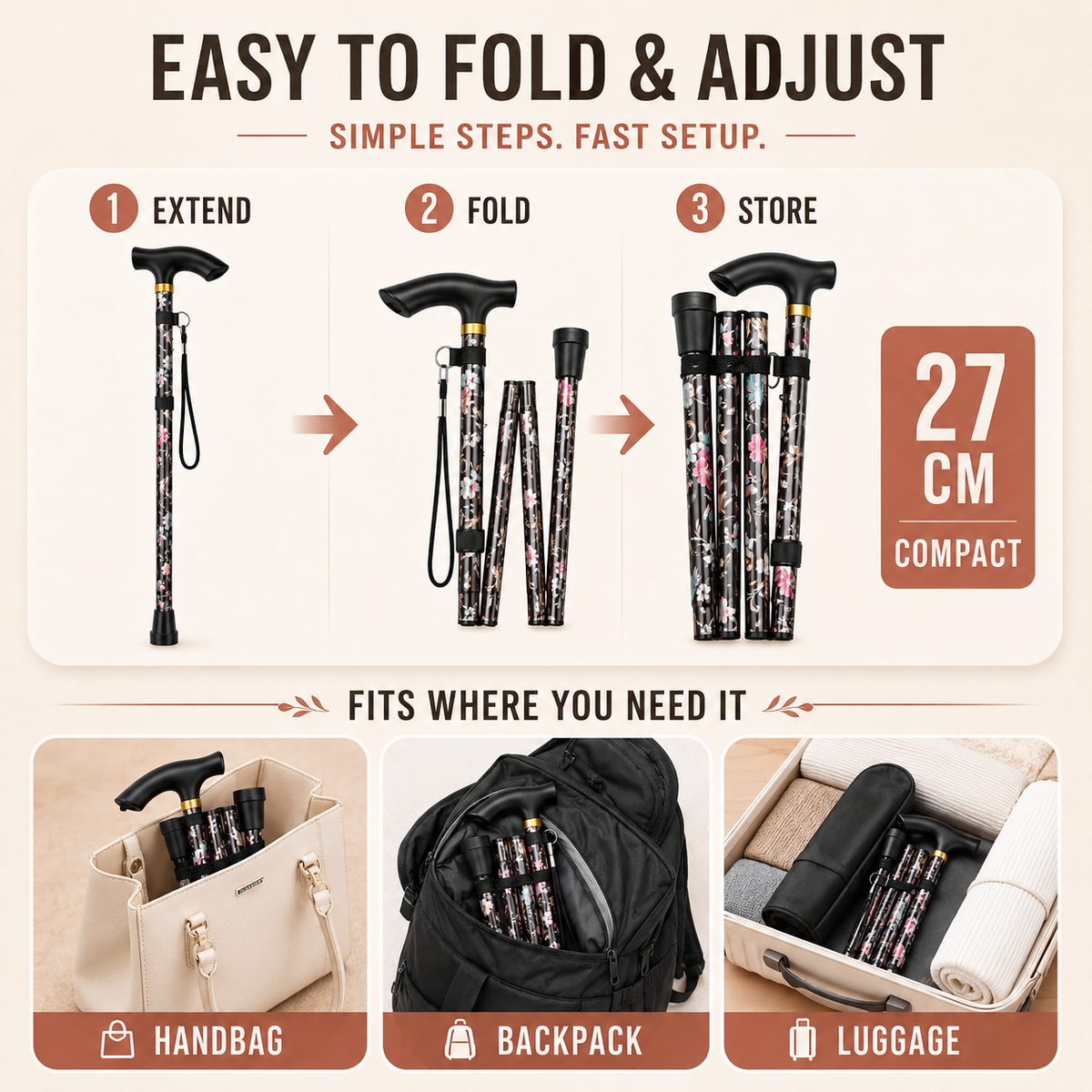 Folding Walking Stick with Floral Pattern Height-Adjustable for Women and Seniors Extra-Comfort Walking Aid | Sansoti