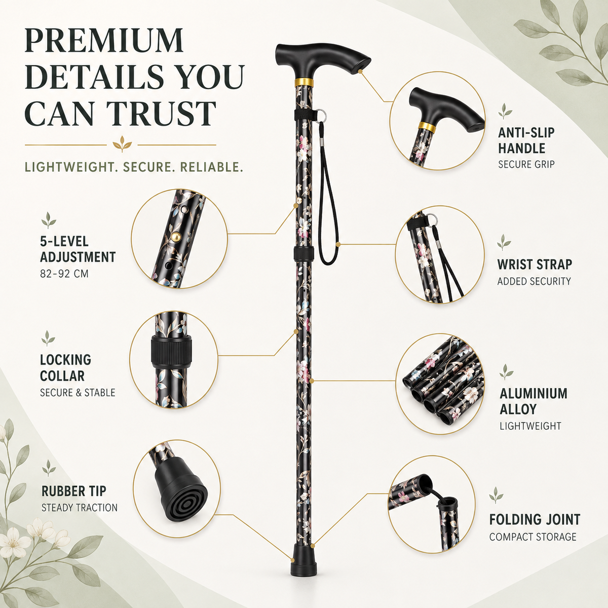 Folding Walking Stick with Floral Pattern Height-Adjustable for Women and Seniors Extra-Comfort Walking Aid | Sansoti
