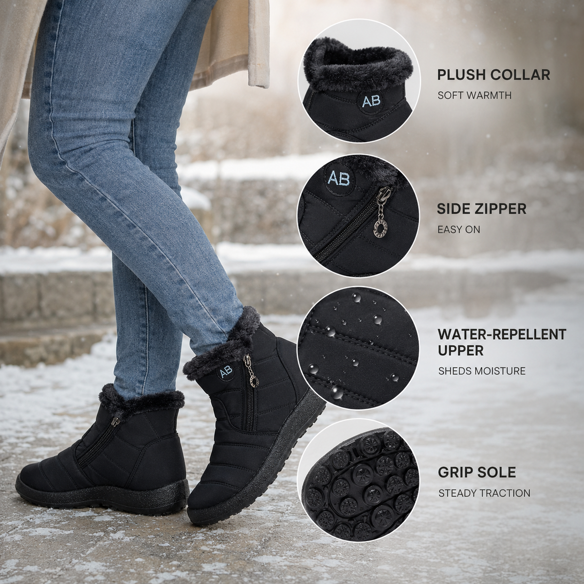 Wasserdichte Winterstiefeletten Damen Warm gefüttert Rutschfeste Sohle Seitlicher Reißverschluss Schneestiefel Bequem Outdoor | Sansoti