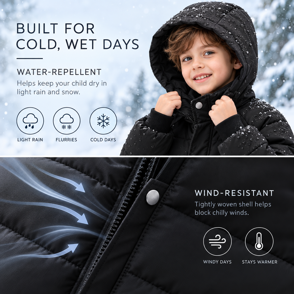 Gefütterte Winterjacke für Kinder - Lange Steppjacke mit Kapuze - Unisex-Pufferjacke 3-12 Jahre Warm | Sansoti