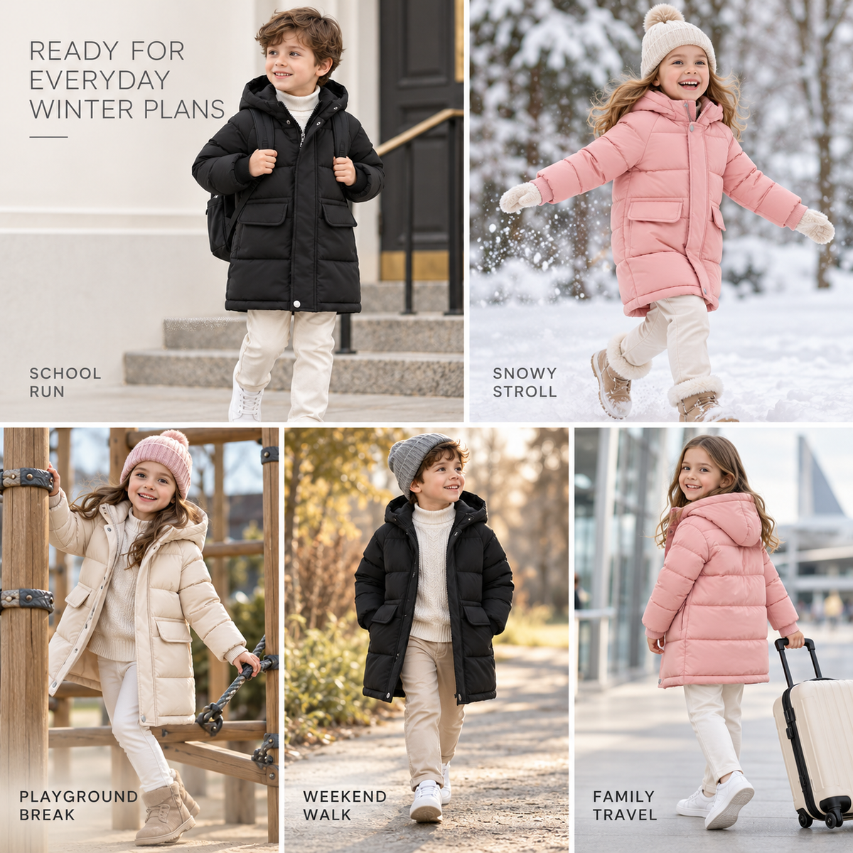 Gefütterte Winterjacke für Kinder - Lange Steppjacke mit Kapuze - Unisex-Pufferjacke 3-12 Jahre Warm | Sansoti