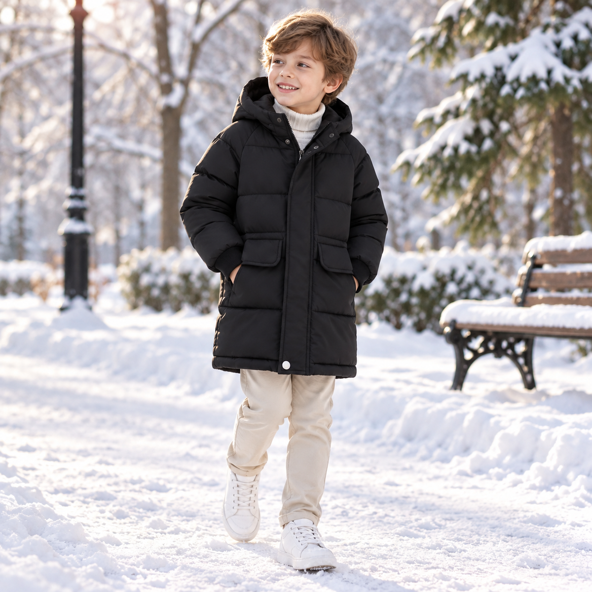 Gefütterte Winterjacke für Kinder - Lange Steppjacke mit Kapuze - Unisex-Pufferjacke 3-12 Jahre Warm | Sansoti