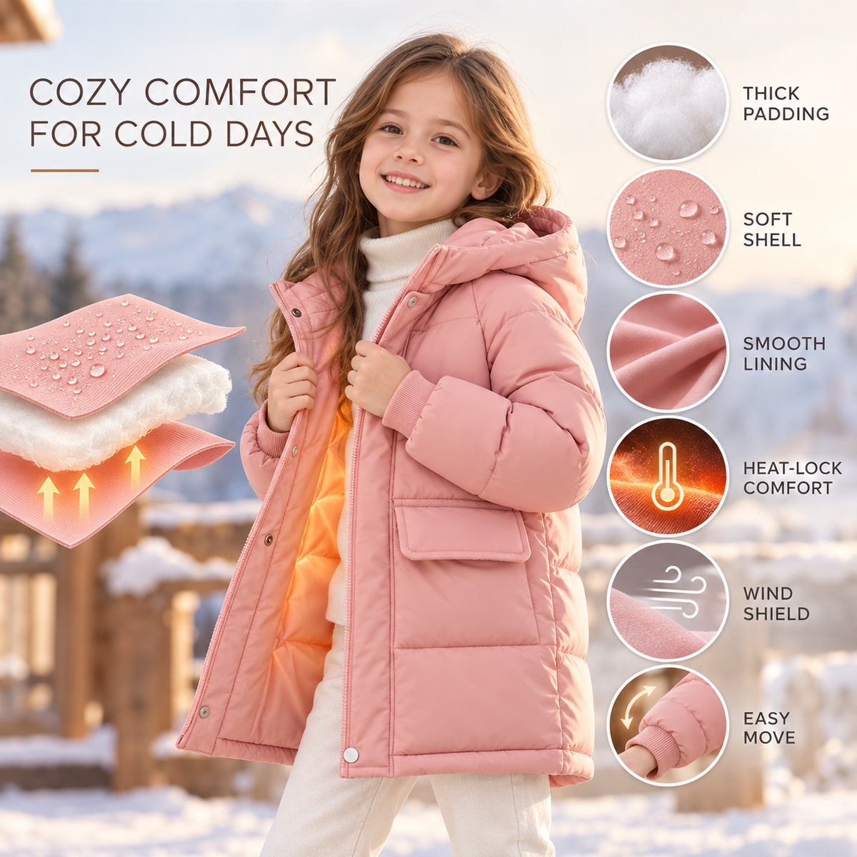 Gefütterte Winterjacke für Kinder - Lange Steppjacke mit Kapuze - Unisex-Pufferjacke 3-12 Jahre Warm | Sansoti