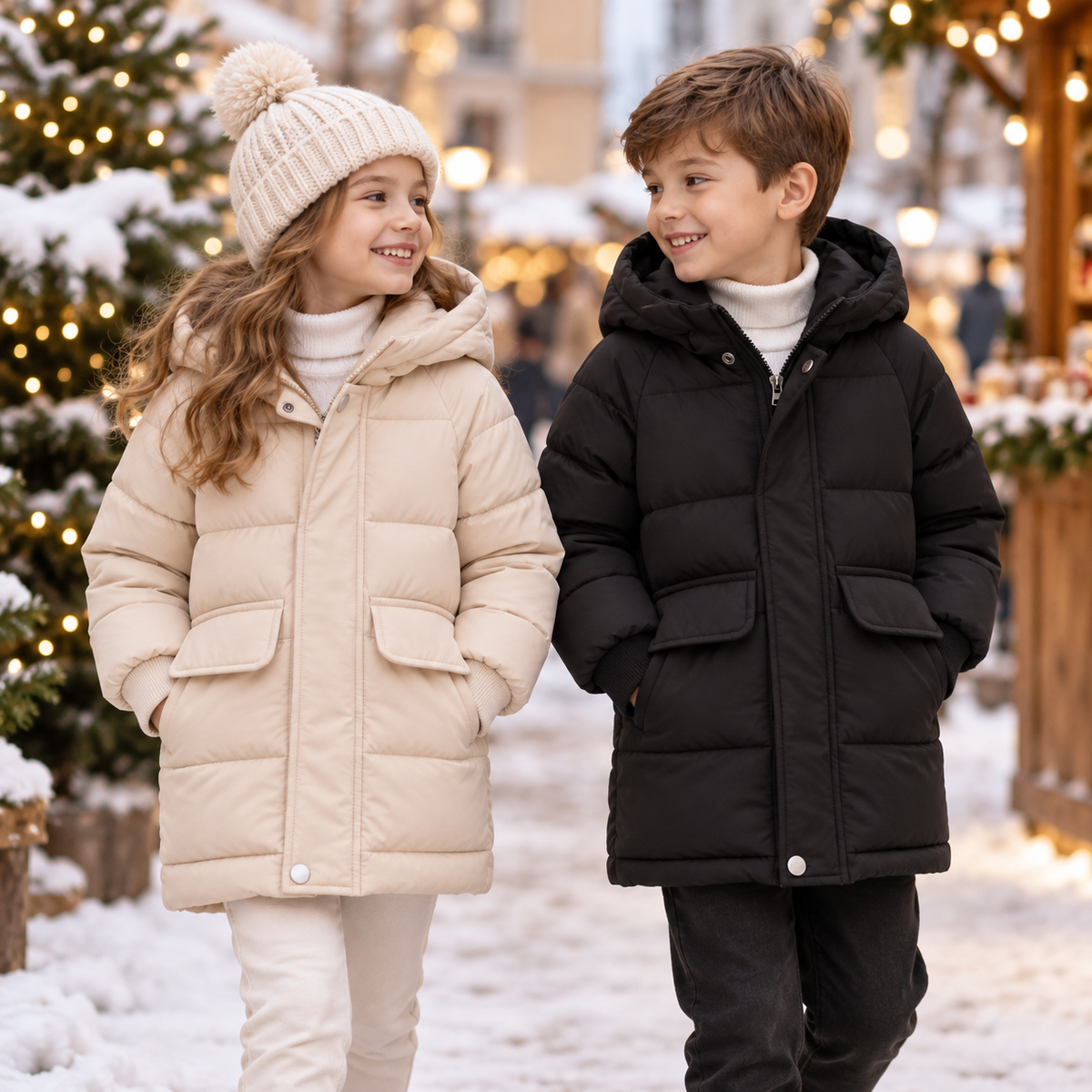 Gefütterte Winterjacke für Kinder - Lange Steppjacke mit Kapuze - Unisex-Pufferjacke 3-12 Jahre Warm | Sansoti