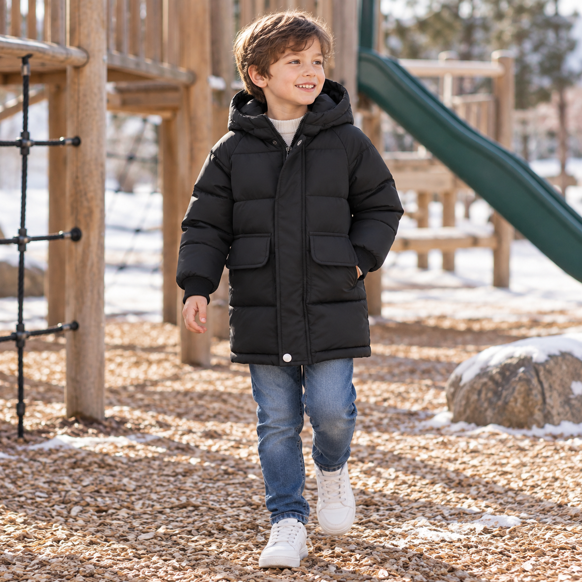 Gefütterte Winterjacke für Kinder - Lange Steppjacke mit Kapuze - Unisex-Pufferjacke 3-12 Jahre Warm | Sansoti