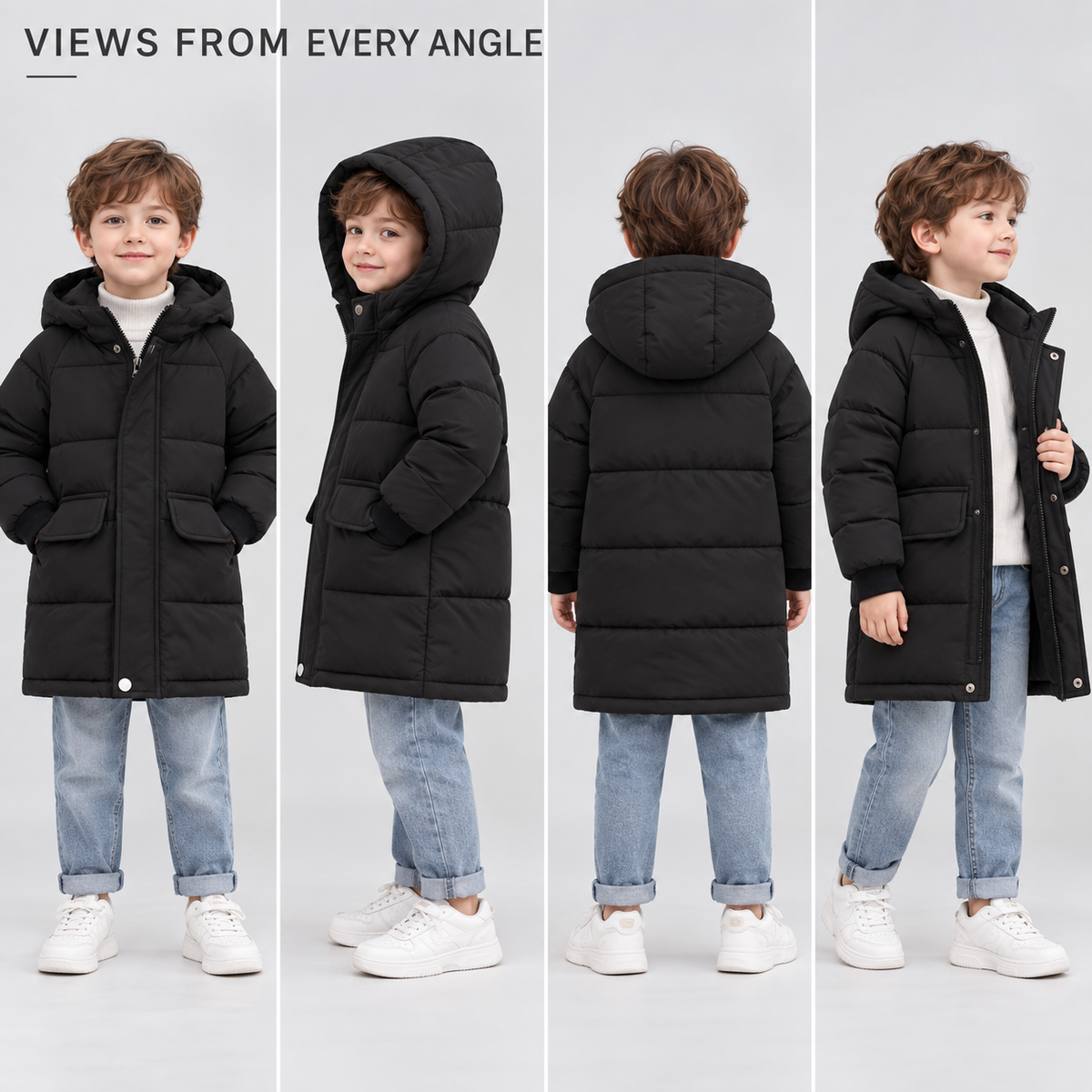 Gefütterte Winterjacke für Kinder - Lange Steppjacke mit Kapuze - Unisex-Pufferjacke 3-12 Jahre Warm | Sansoti