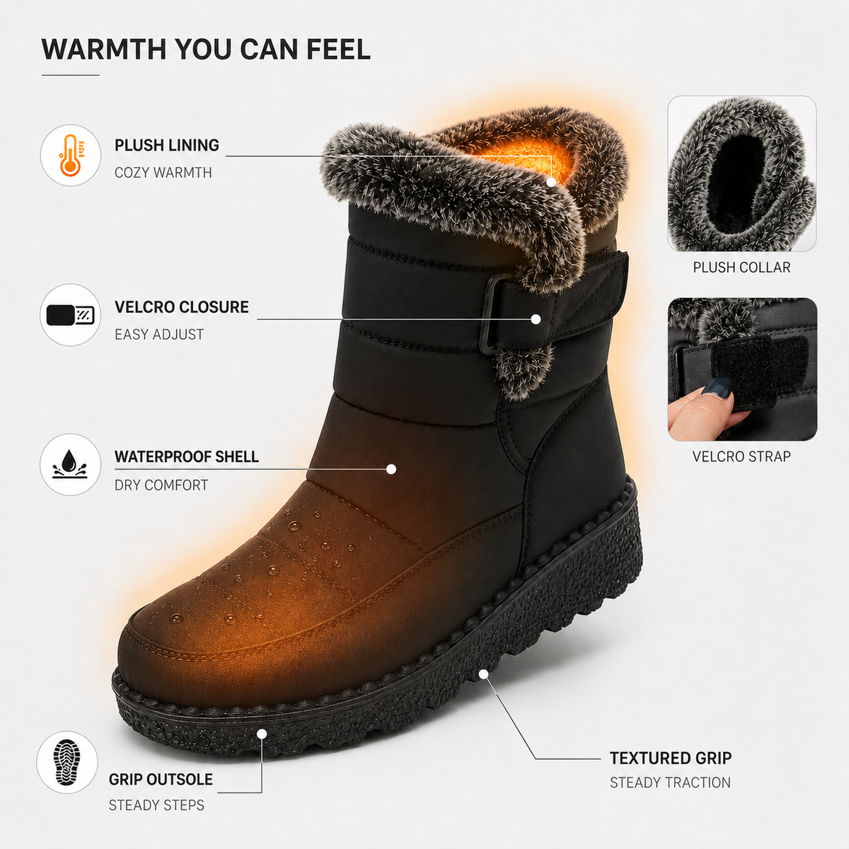 Gefütterte Winterstiefel Damen Wasserabweisend Klettverschluss Rutschfeste Schneestiefel Warm Gefüttert Komfortabel | Sansoti